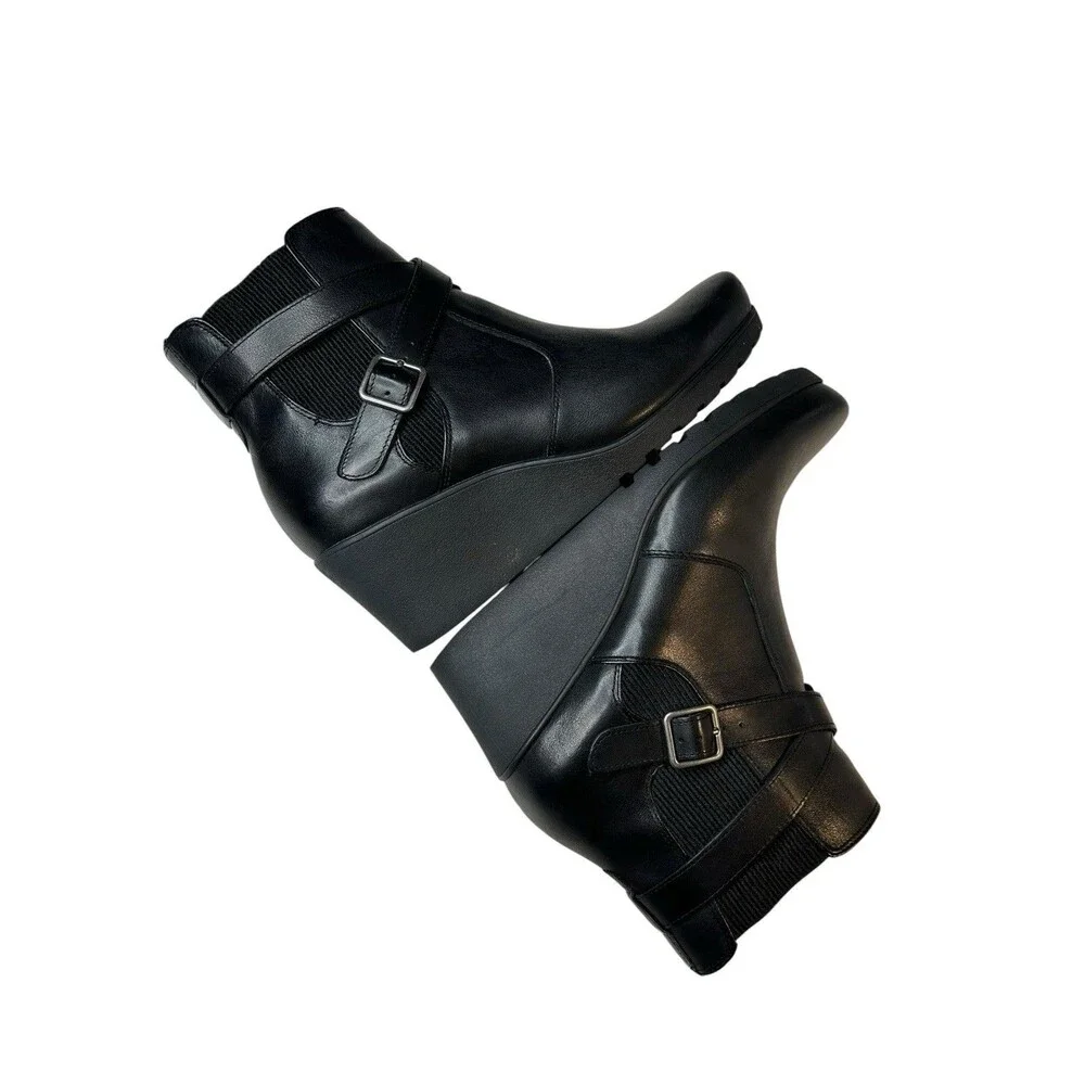 ABEO Black Leather Ankle Boots Women's 8.5 Geranium Wedge Heel Buckle Moto